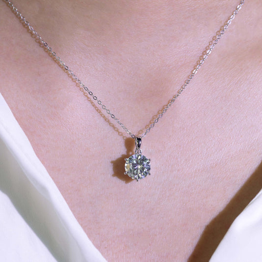 3ct Round Cut Moissanite Pendant Necklace – 6-Prong Setting, 925 Sterling Silver