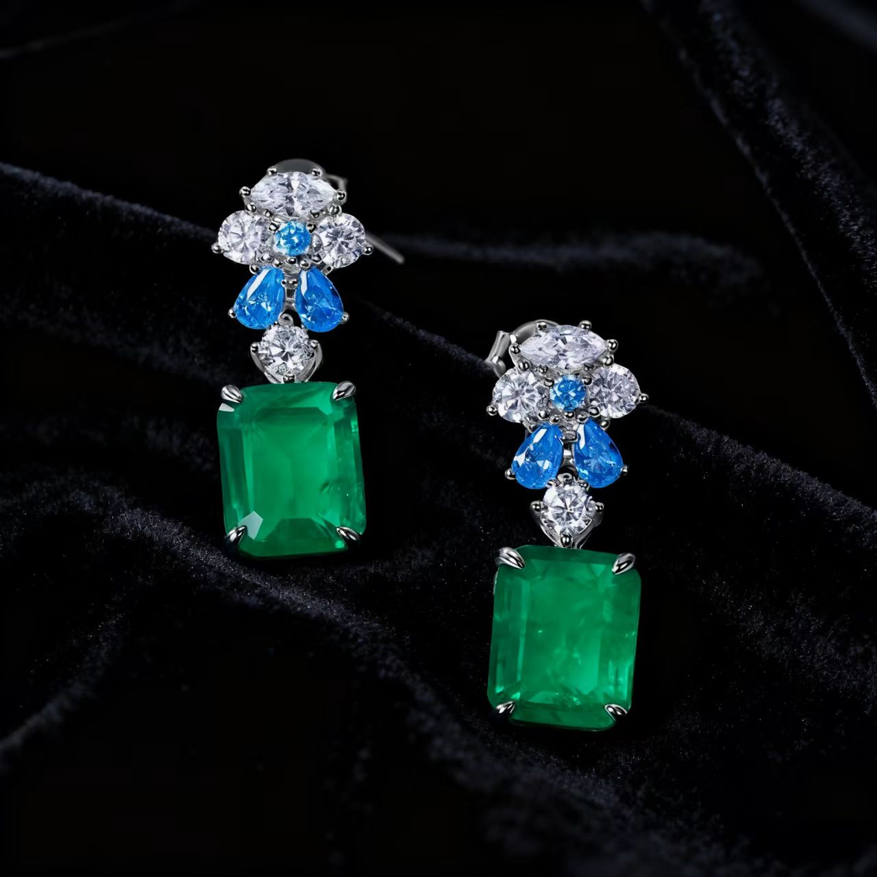 Emerald-Cut Lab-Grown Emerald Drop Earrings | Accented with Teardrop Lab-Grown Sapphire & Moissanite | BOCOS JEWELRY