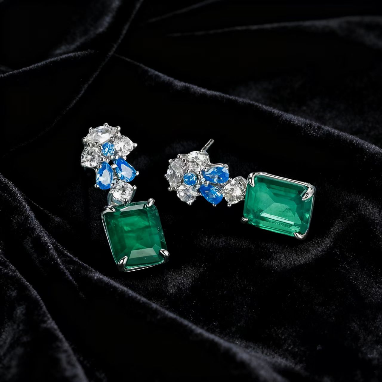 Emerald-Cut Lab-Grown Emerald Drop Earrings | Accented with Teardrop Lab-Grown Sapphire & Moissanite | BOCOS JEWELRY