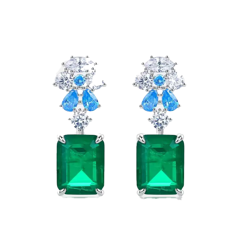Emerald-Cut Lab-Grown Emerald Drop Earrings | Accented with Teardrop Lab-Grown Sapphire & Moissanite | BOCOS JEWELRY
