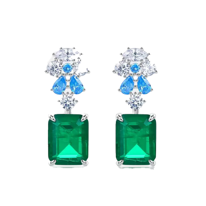 Emerald-Cut Lab-Grown Emerald Drop Earrings | Accented with Teardrop Lab-Grown Sapphire & Moissanite | BOCOS JEWELRY