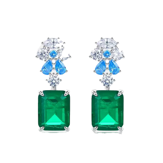 Emerald-Cut Lab-Grown Emerald Drop Earrings | Accented with Teardrop Lab-Grown Sapphire & Moissanite | BOCOS JEWELRY