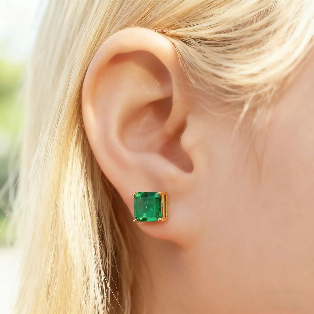 Emerald-Cut Lab-Grown Emerald Stud Earrings with Moissanite Halo | BOCOS JEWELRY