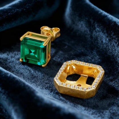Emerald-Cut Lab-Grown Emerald Stud Earrings with Moissanite Halo | BOCOS JEWELRY