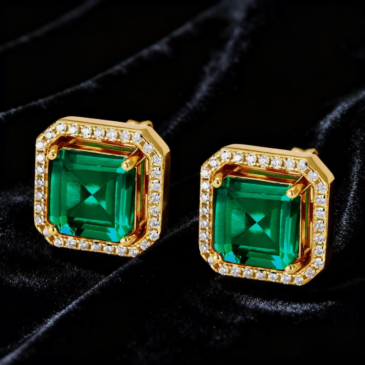 Emerald-Cut Lab-Grown Emerald Stud Earrings with Moissanite Halo | BOCOS JEWELRY