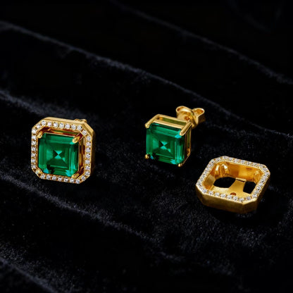 Emerald-Cut Lab-Grown Emerald Stud Earrings with Moissanite Halo | BOCOS JEWELRY