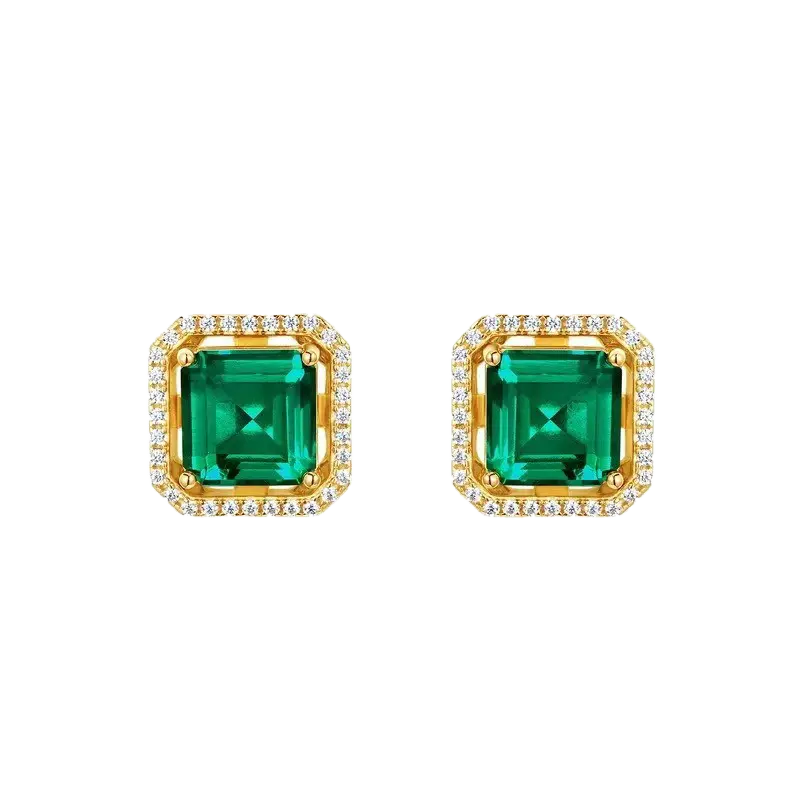 Emerald-Cut Lab-Grown Emerald Stud Earrings with Moissanite Halo | BOCOS JEWELRY