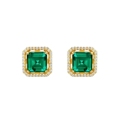 Emerald-Cut Lab-Grown Emerald Stud Earrings with Moissanite Halo | BOCOS JEWELRY