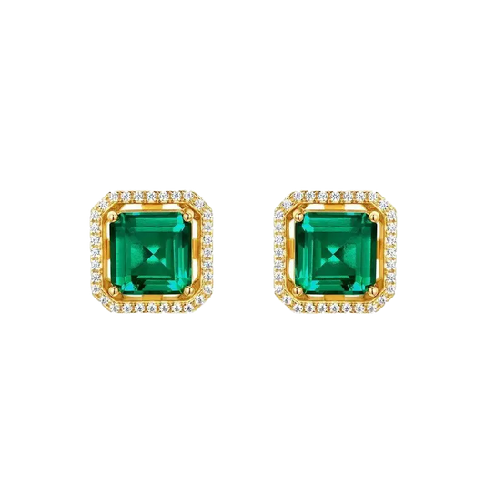 Emerald-Cut Lab-Grown Emerald Stud Earrings with Moissanite Halo | BOCOS JEWELRY