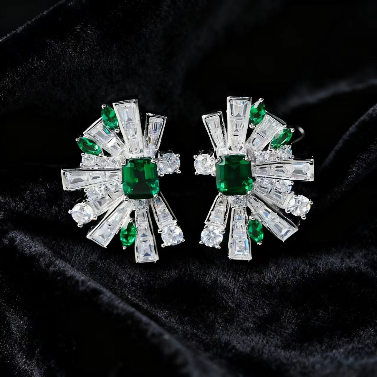Emerald-Cut Lab-Grown Emerald Stud Earrings | Accented with Marquise/Tapered Lab-Grown Emerald & Moissanite | BOCOS JEWELRY