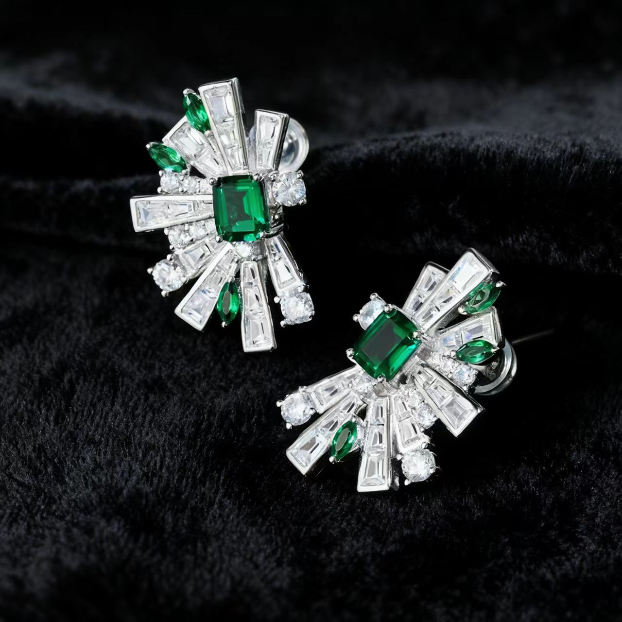 Emerald-Cut Lab-Grown Emerald Stud Earrings | Accented with Marquise/Tapered Lab-Grown Emerald & Moissanite | BOCOS JEWELRY