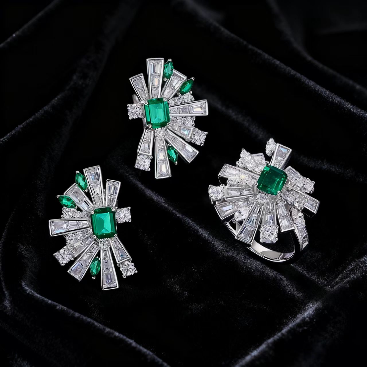 Emerald-Cut Lab-Grown Emerald Stud Earrings | Accented with Marquise/Tapered Lab-Grown Emerald & Moissanite | BOCOS JEWELRY