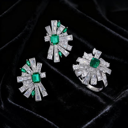 Emerald-Cut Lab-Grown Emerald Stud Earrings | Accented with Marquise/Tapered Lab-Grown Emerald & Moissanite | BOCOS JEWELRY