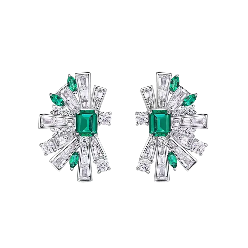 Emerald-Cut Lab-Grown Emerald Stud Earrings | Accented with Marquise/Tapered Lab-Grown Emerald & Moissanite | BOCOS JEWELRY