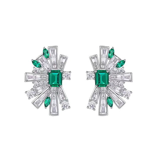Emerald-Cut Lab-Grown Emerald Stud Earrings | Accented with Marquise/Tapered Lab-Grown Emerald & Moissanite | BOCOS JEWELRY