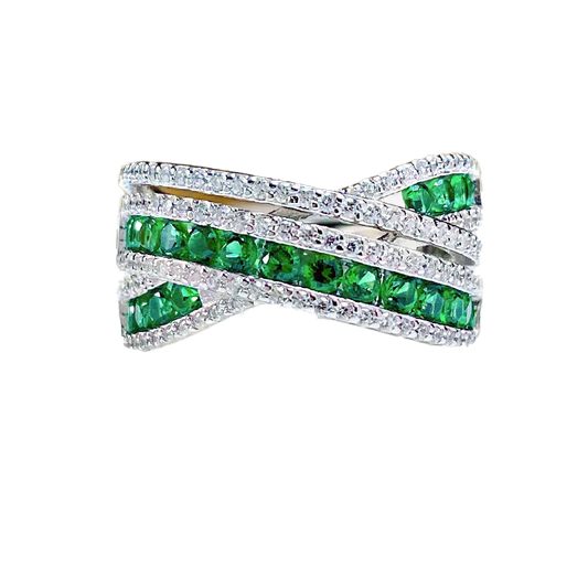 Round-Cut Lab-Grown Emerald & Moissanite Bezel-Set Crisscross Ring | BOCOS JEWELRY