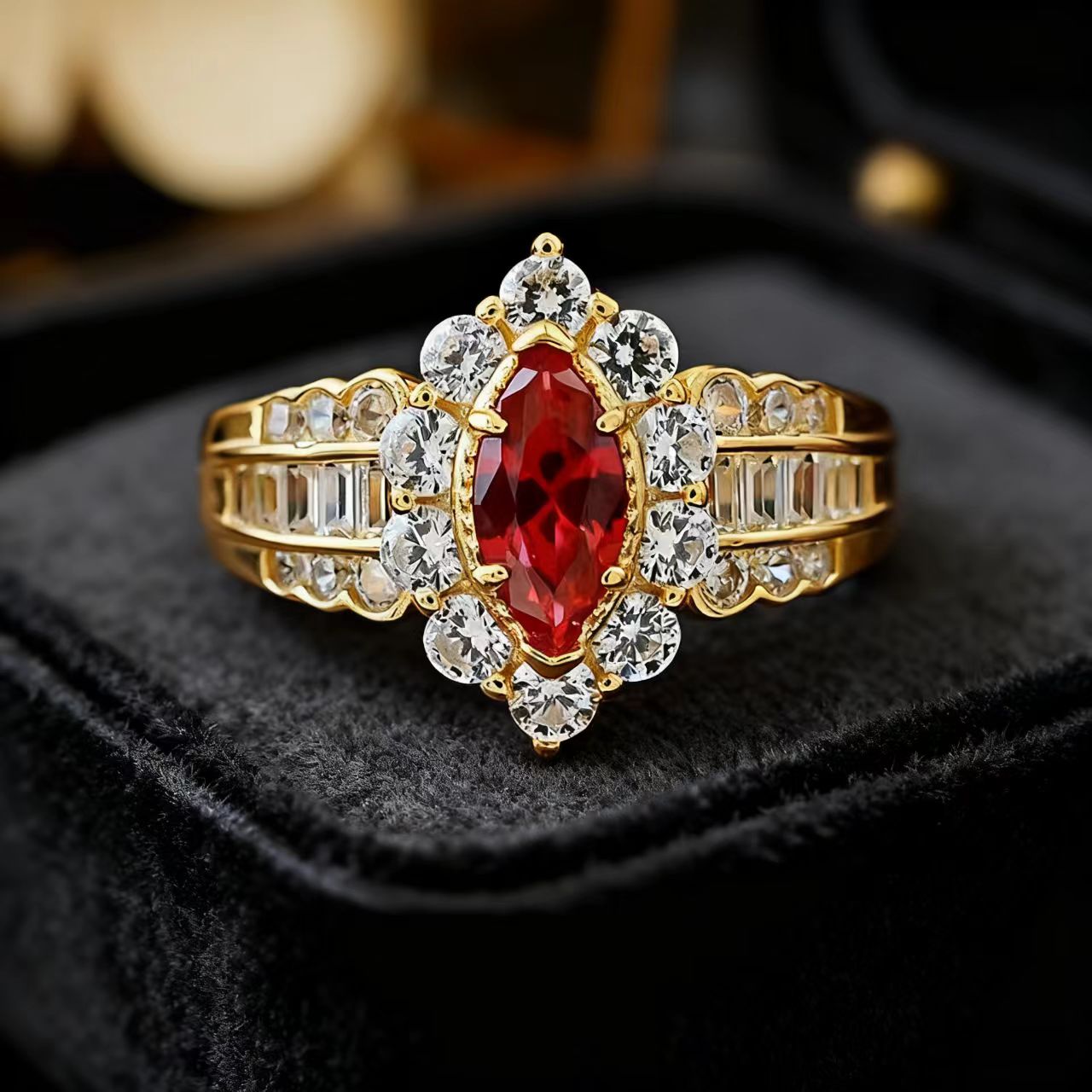 Marquise-Cut Lab-Grown Ruby Ring | Moissanite Accent Design | BOCOS JEWELRY