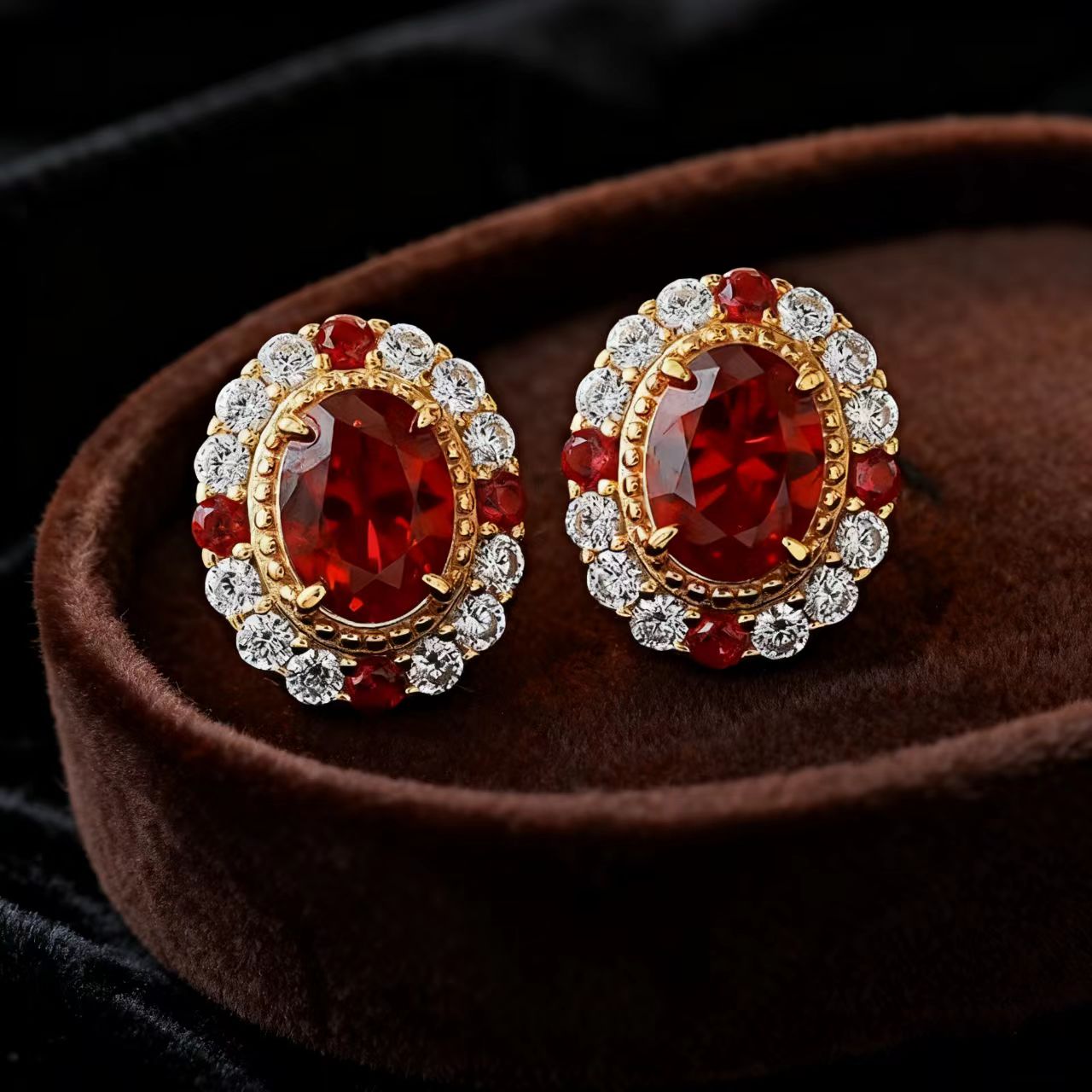 Oval-Cut Lab-Grown Ruby Stud Earrings | Halo Design with Moissanite & Mini Ruby Accents | BOCOS JEWELRY