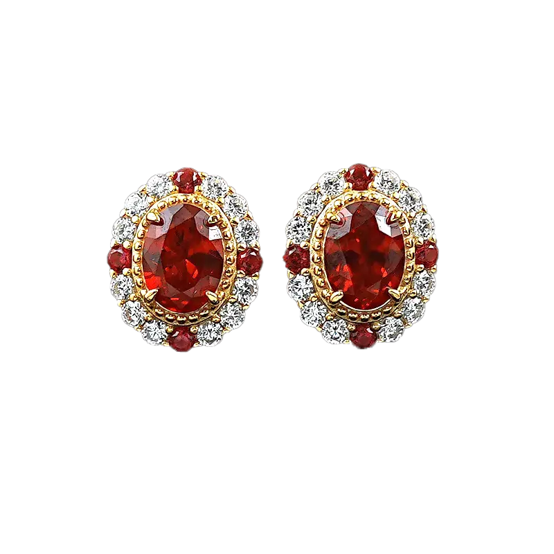 Oval-Cut Lab-Grown Ruby Stud Earrings | Halo Design with Moissanite & Mini Ruby Accents | BOCOS JEWELRY