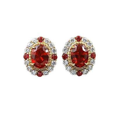 Oval-Cut Lab-Grown Ruby Stud Earrings | Halo Design with Moissanite & Mini Ruby Accents | BOCOS JEWELRY