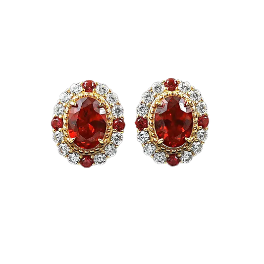 Oval-Cut Lab-Grown Ruby Stud Earrings | Halo Design with Moissanite & Mini Ruby Accents | BOCOS JEWELRY