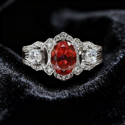 Oval-Cut Lab-Grown Ruby Statement Ring | Vintage Filigree & Moissanite Accents | BOCOS JEWELRY