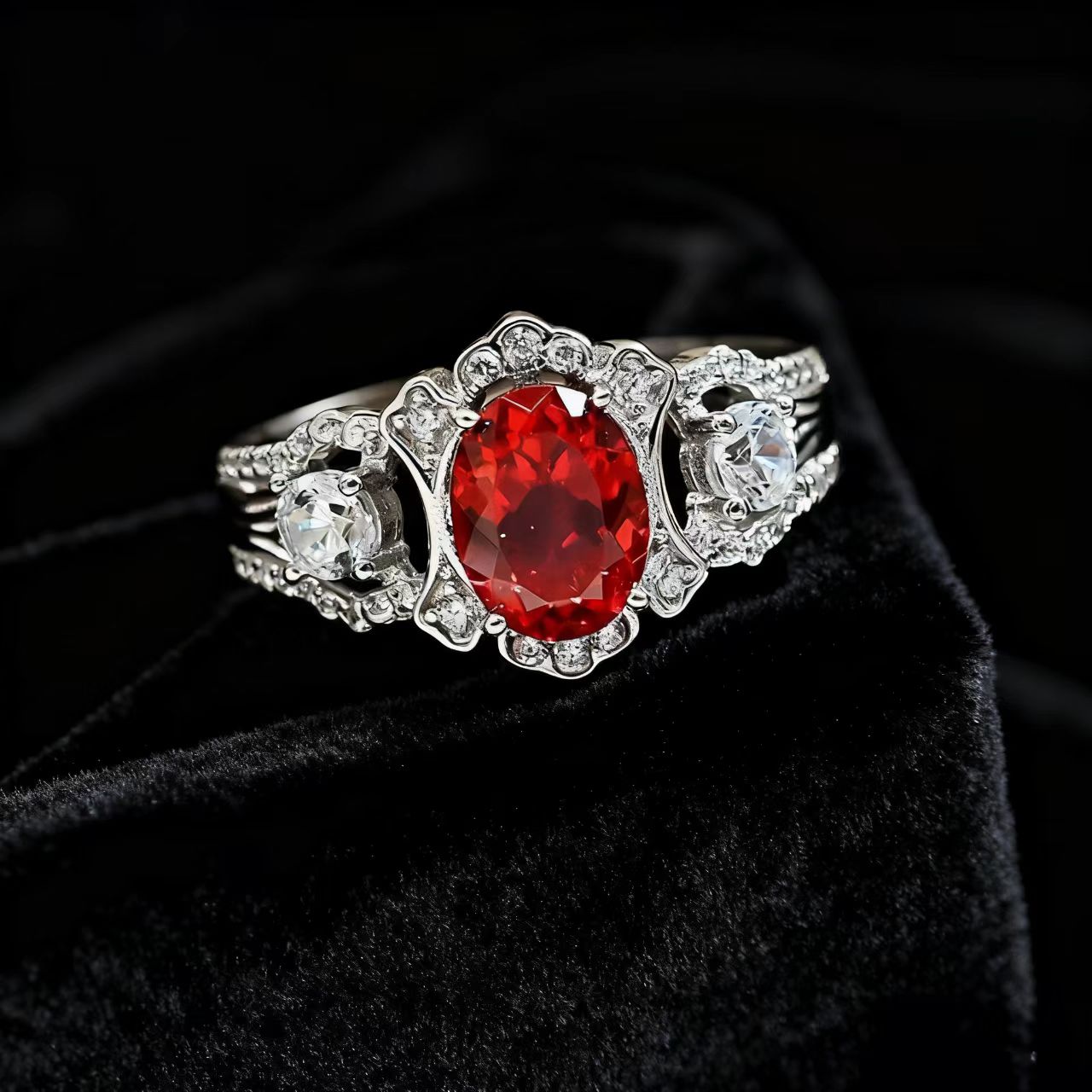 Oval-Cut Lab-Grown Ruby Statement Ring | Vintage Filigree & Moissanite Accents | BOCOS JEWELRY