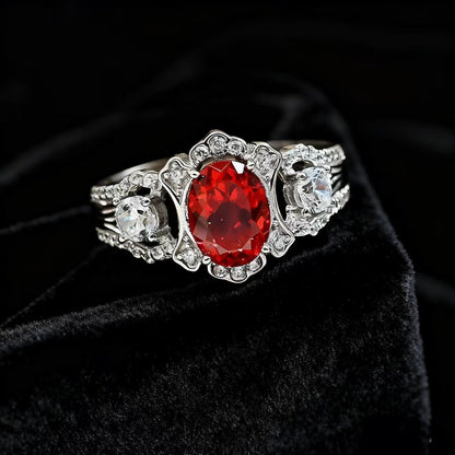 Oval-Cut Lab-Grown Ruby Statement Ring | Vintage Filigree & Moissanite Accents | BOCOS JEWELRY