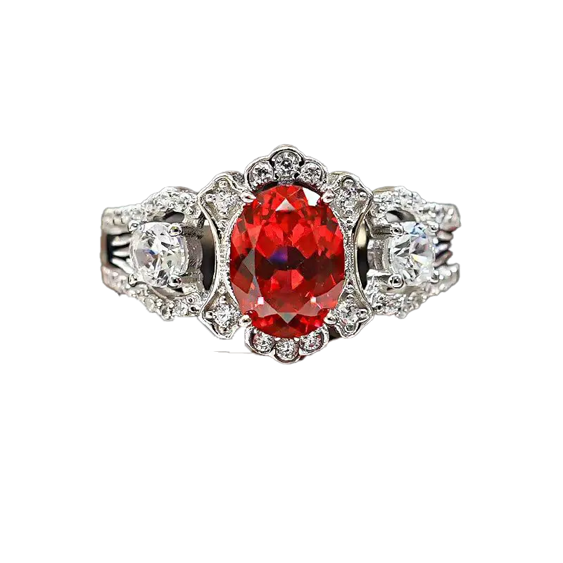 Oval-Cut Lab-Grown Ruby Statement Ring | Vintage Filigree & Moissanite Accents | BOCOS JEWELRY