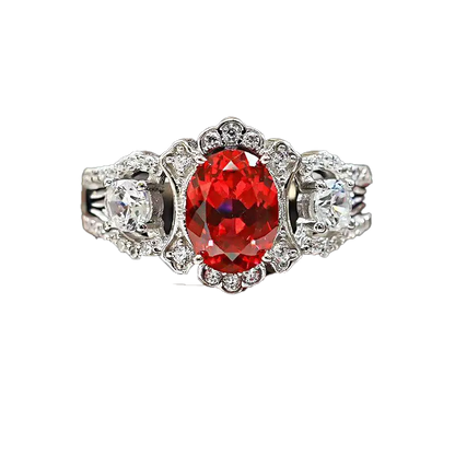 Oval-Cut Lab-Grown Ruby Statement Ring | Vintage Filigree & Moissanite Accents | BOCOS JEWELRY