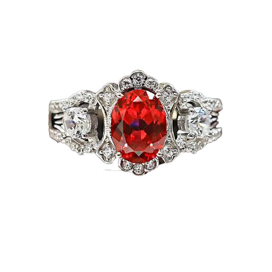 Oval-Cut Lab-Grown Ruby Statement Ring | Vintage Filigree & Moissanite Accents | BOCOS JEWELRY