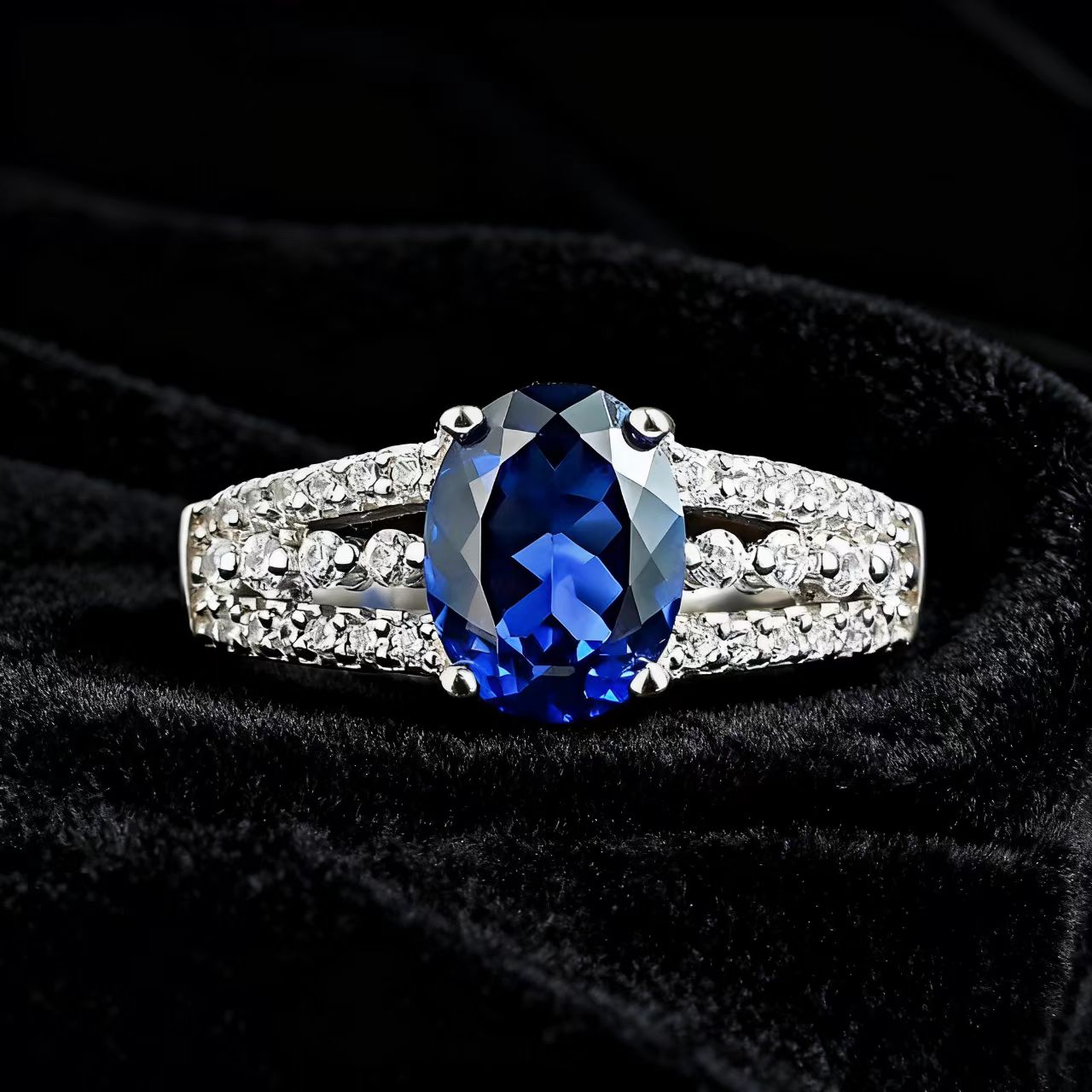 Oval-Cut Lab-Grown Sapphire Ring | Double-Band Moissanite Accent Design | BOCOS JEWELRY