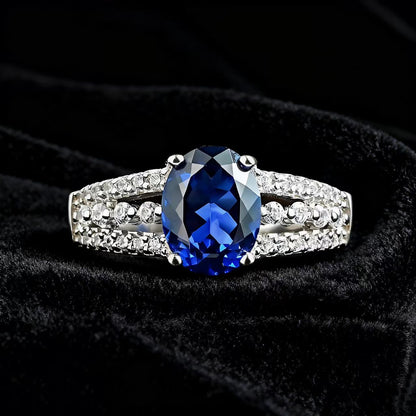 Oval-Cut Lab-Grown Sapphire Ring | Double-Band Moissanite Accent Design | BOCOS JEWELRY