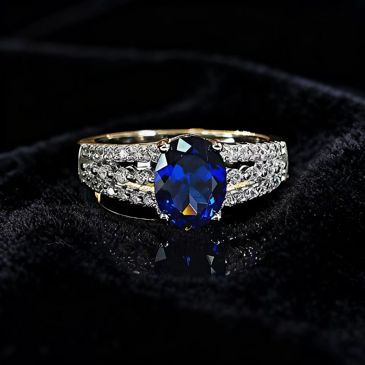 Oval-Cut Lab-Grown Sapphire Ring | Double-Band Moissanite Accent Design | BOCOS JEWELRY