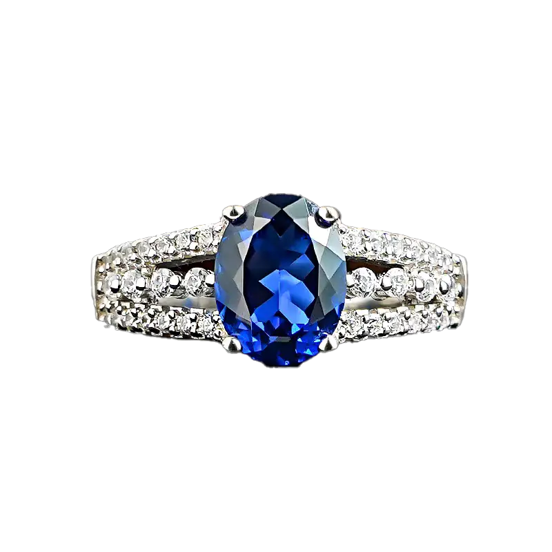 Oval-Cut Lab-Grown Sapphire Ring | Double-Band Moissanite Accent Design | BOCOS JEWELRY