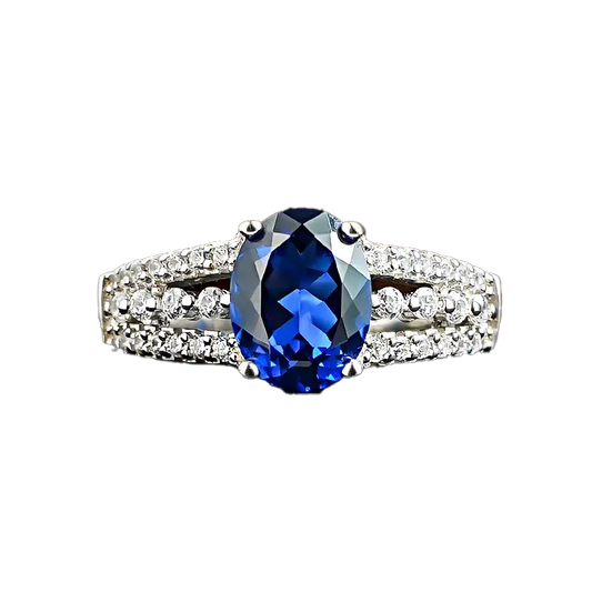 Oval-Cut Lab-Grown Sapphire Ring | Double-Band Moissanite Accent Design | BOCOS JEWELRY