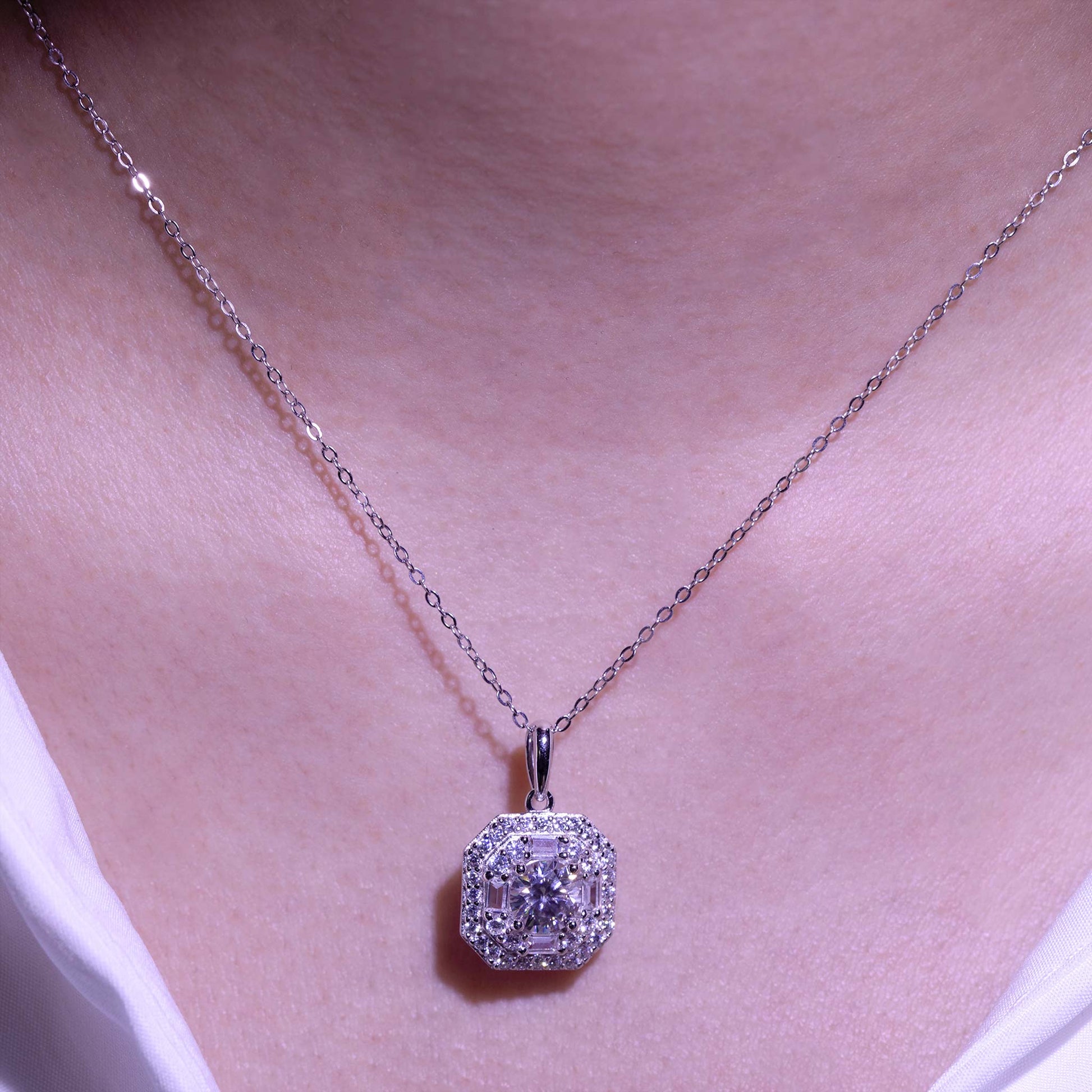 1ct Round Cut Moissanite Halo Necklace – 925 Sterling Silver for Women