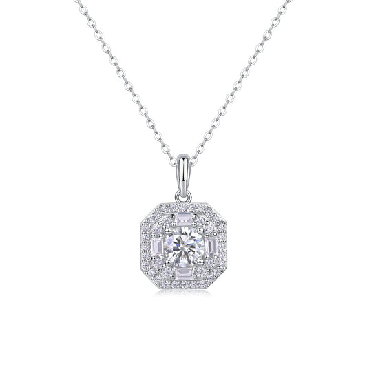 1ct Round Cut Moissanite Halo Necklace – 925 Sterling Silver for Women - bocosjewelry