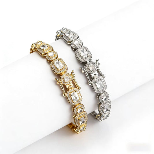 18k Gold Radiant & Round-Cut Moissanite Halo Tennis Bracelet | BOCOS JEWELRY
