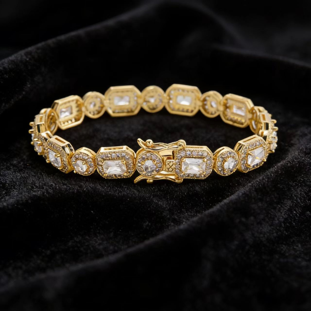 18k Gold Radiant & Round-Cut Moissanite Halo Tennis Bracelet | BOCOS JEWELRY