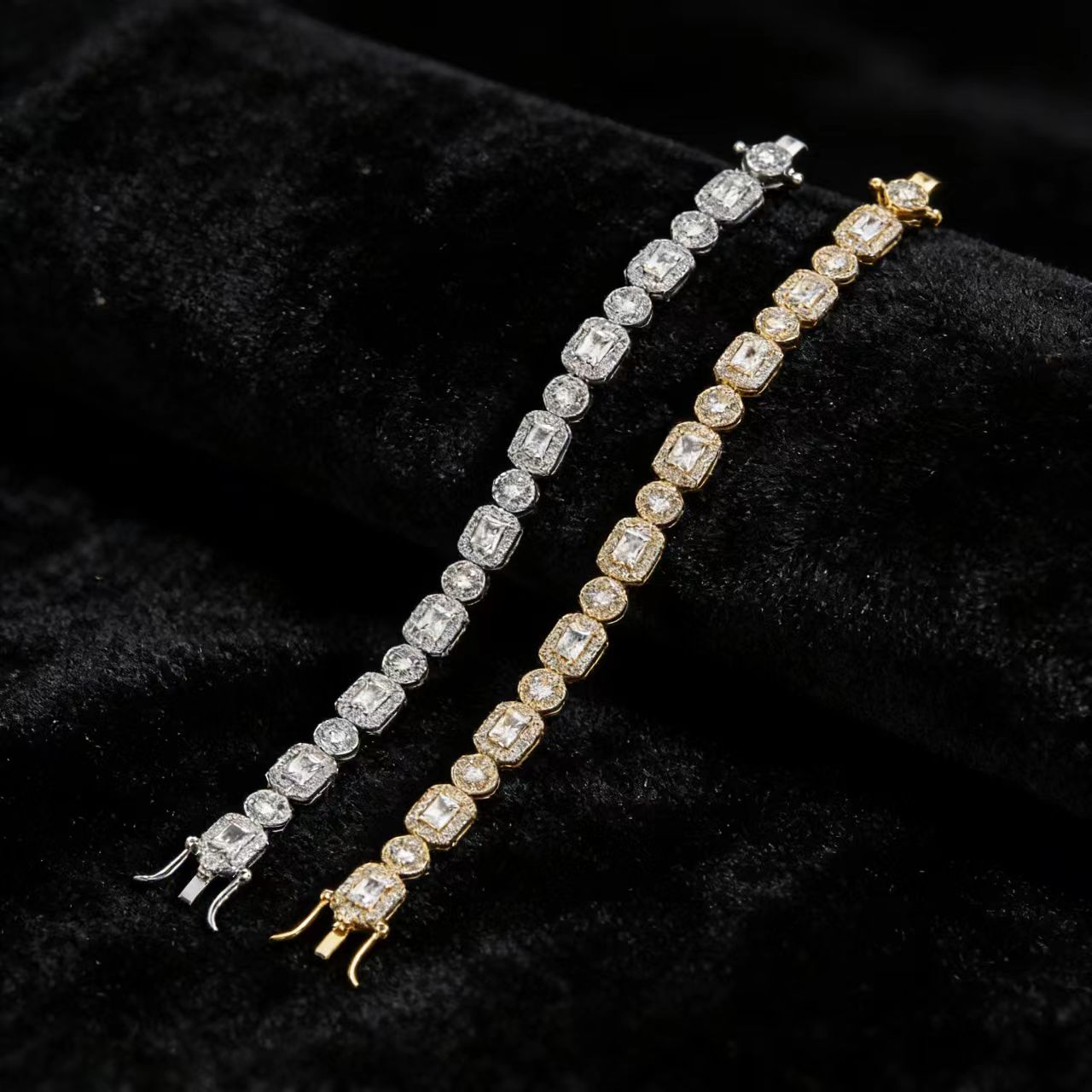 18k Gold Radiant & Round-Cut Moissanite Halo Tennis Bracelet | BOCOS JEWELRY