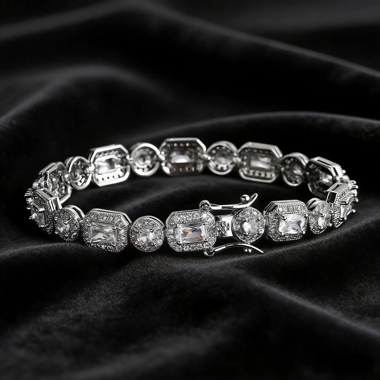 18k Gold Radiant & Round-Cut Moissanite Halo Tennis Bracelet | BOCOS JEWELRY