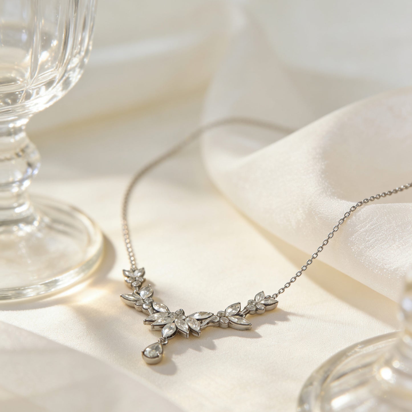 925 Silver Multi-Cut Moissanite Leaf Motif Necklace | BOCOS JEWELRY