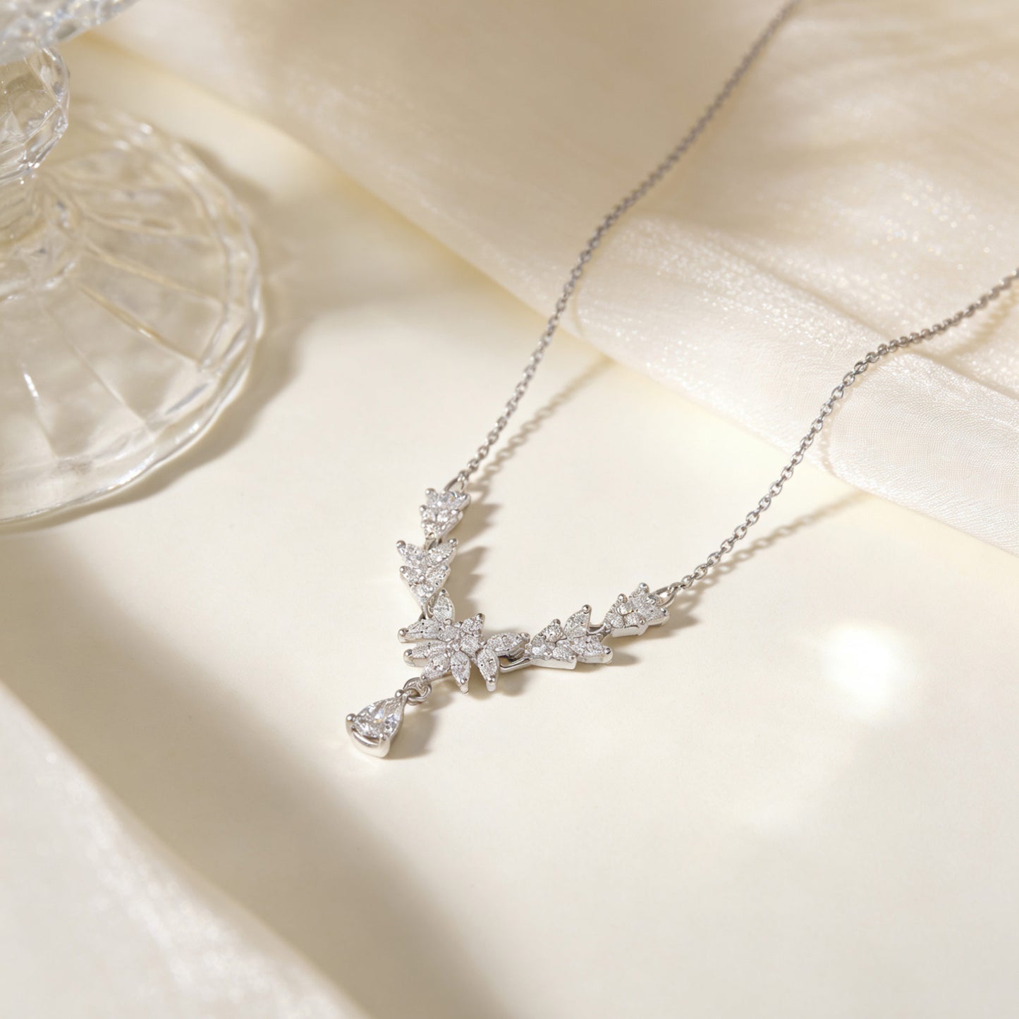 925 Silver Multi-Cut Moissanite Leaf Motif Necklace | BOCOS JEWELRY