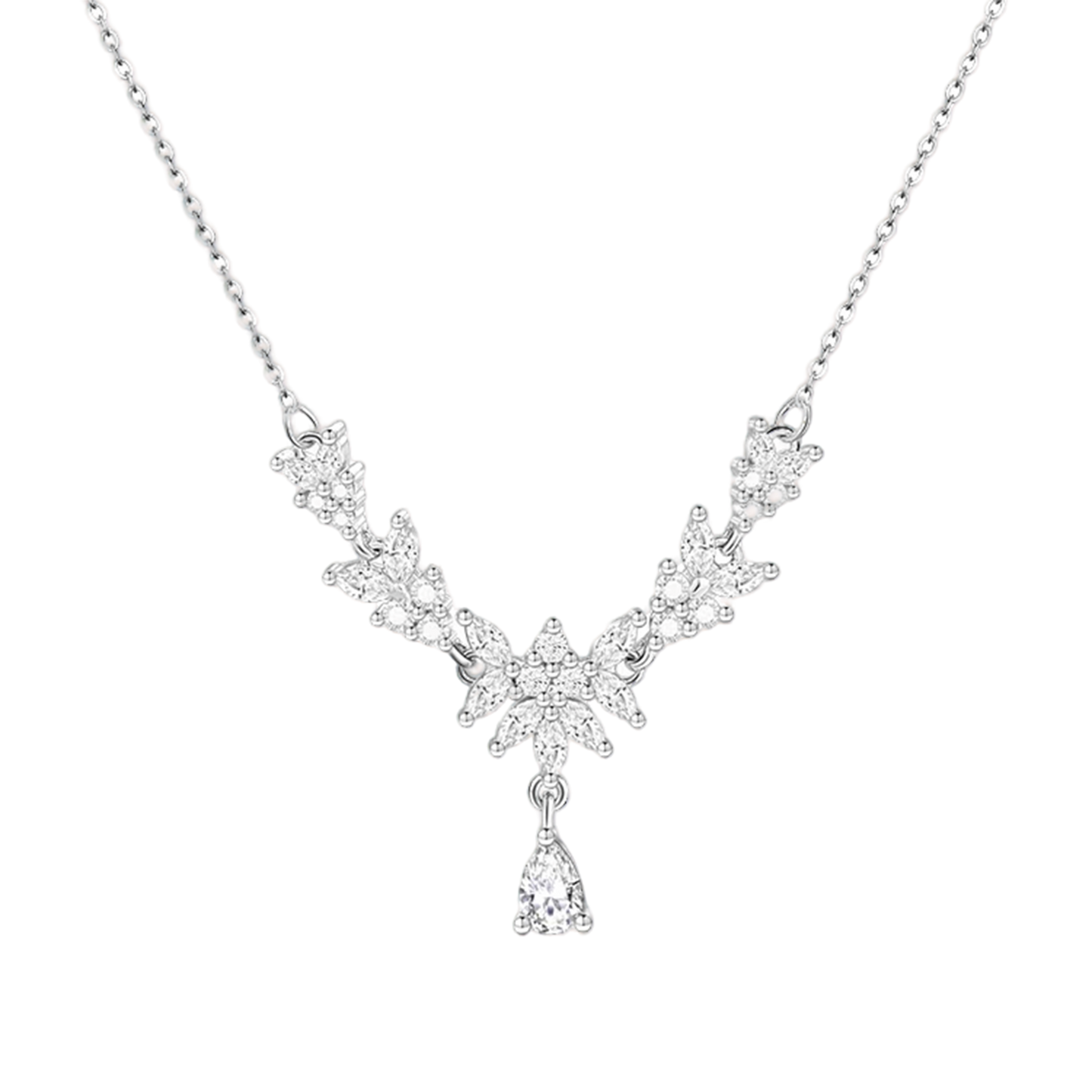 925 Silver Multi-Cut Moissanite Leaf Motif Necklace | BOCOS JEWELRY