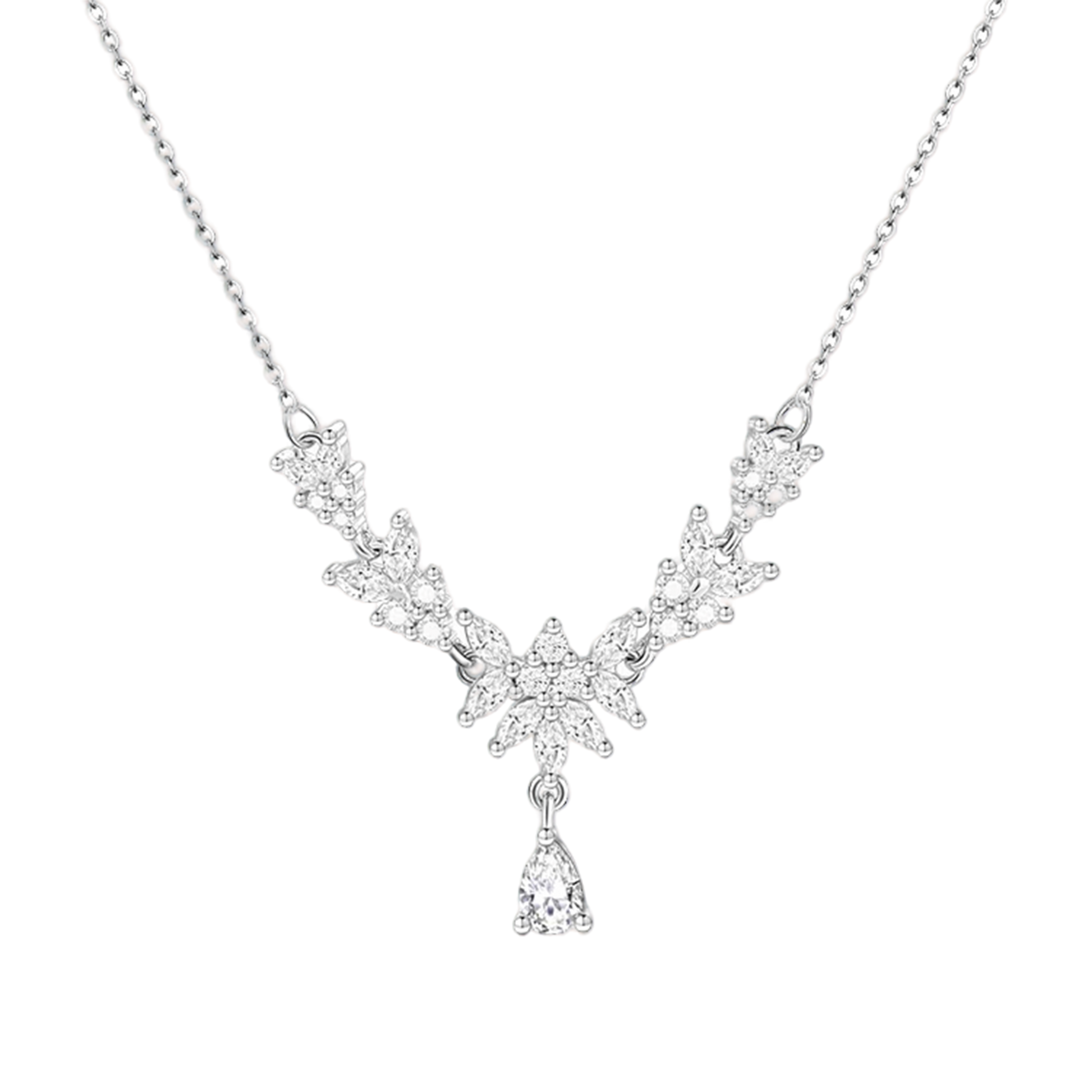 925 Silver Multi-Cut Moissanite Leaf Motif Necklace | BOCOS JEWELRY
