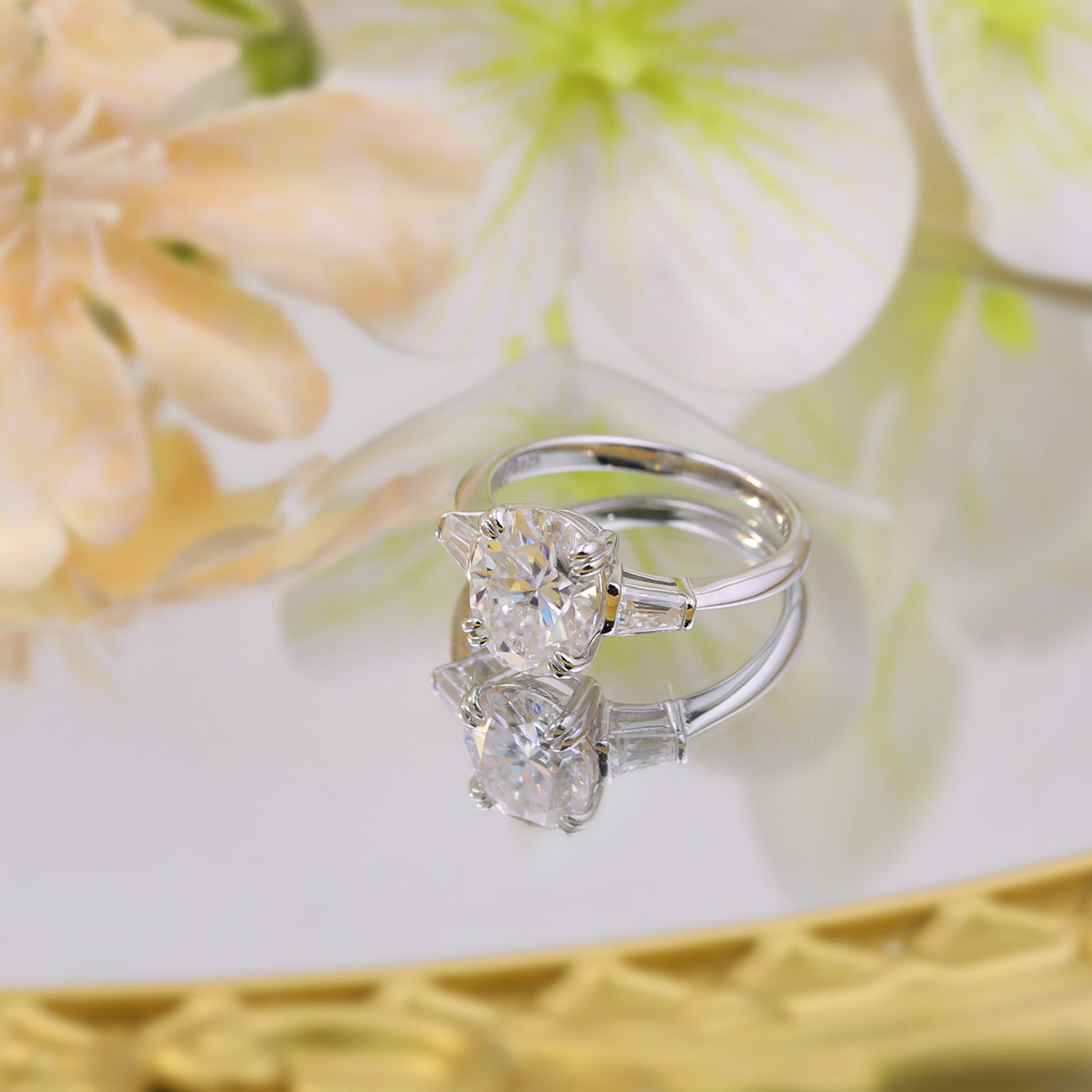 3ct Oval Cut Three Stone Moissanite Engagement Ring – 925 Sterling Silver with Trapezoid Side Stones