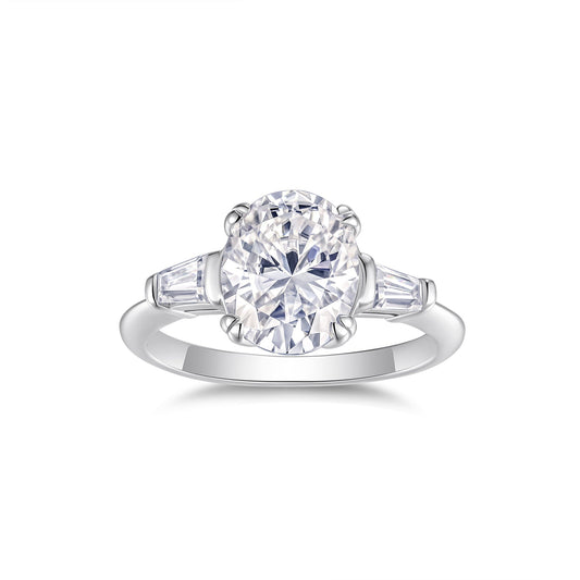 3ct Oval Cut Three Stone Moissanite Engagement Ring – 925 Sterling Silver with Trapezoid Side Stones - bocosjewelry