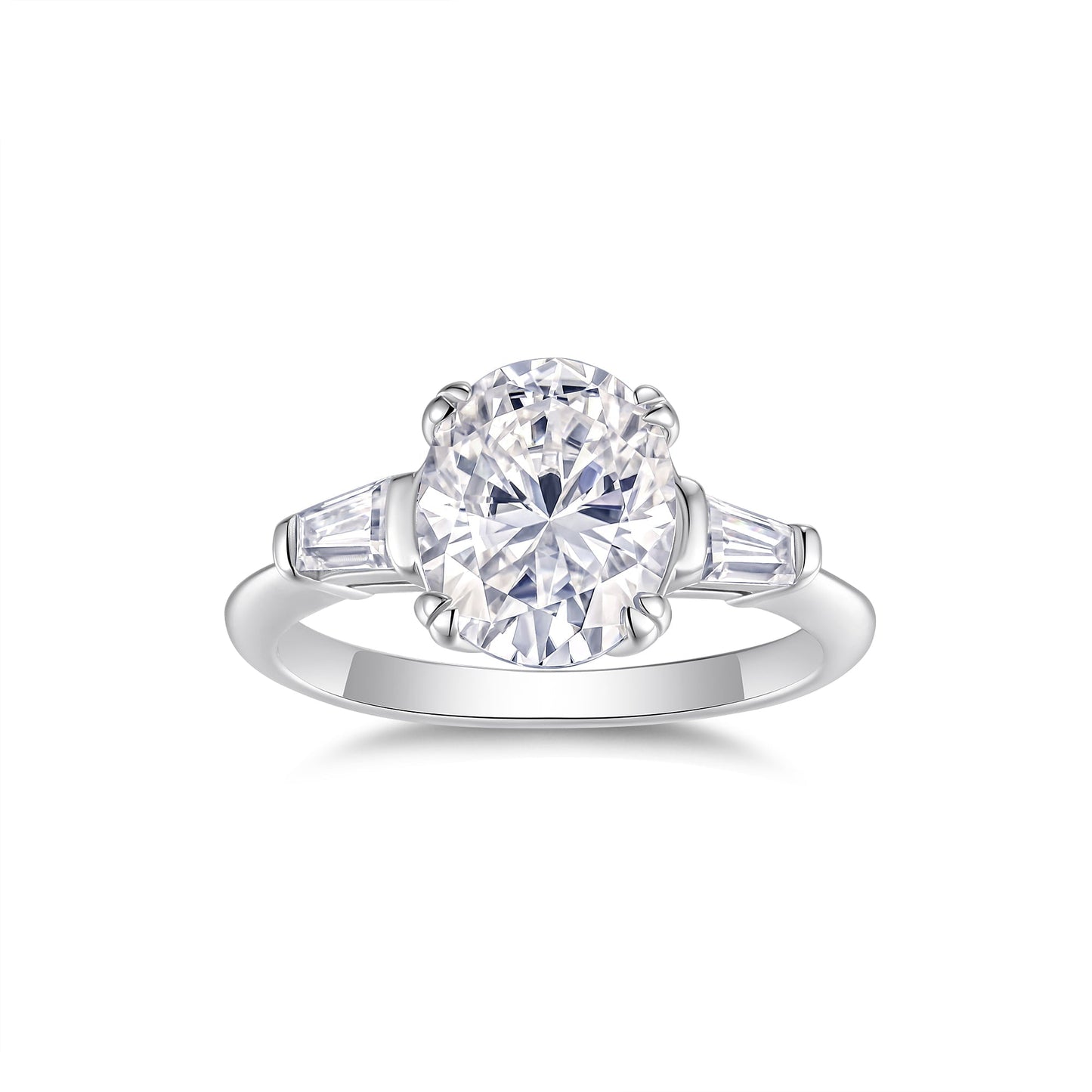 3ct Oval Cut Three Stone Moissanite Engagement Ring – 925 Sterling Silver with Trapezoid Side Stones - bocosjewelry