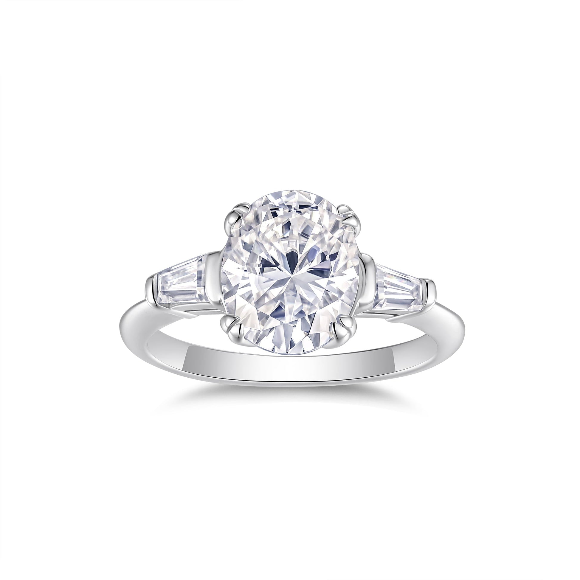 3ct Oval Cut Three Stone Moissanite Engagement Ring – 925 Sterling Silver with Trapezoid Side Stones - bocosjewelry